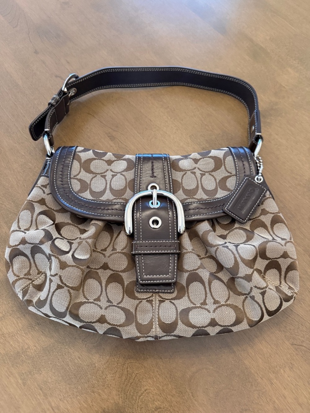 Coach Tan and Brown Signature Canvas Shoulder Bag with Buckle Flap